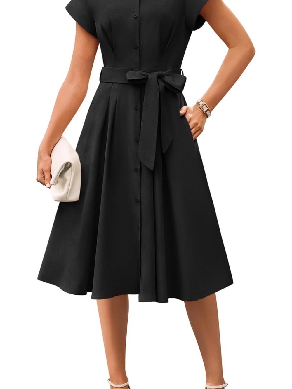 Grace Karin Black Button-Front A-Line Midi Dress with Waist Tie